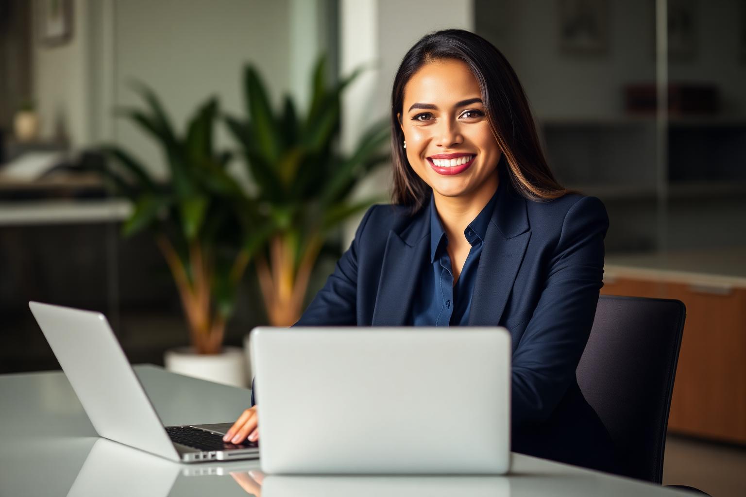 Career coach smiling at desk with laptop
